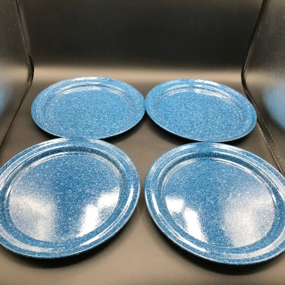 Vintage Blue Speckled Enamelware Camping Set - Pot with Lid Bowls Plates Spoons - Picture 8 of 11